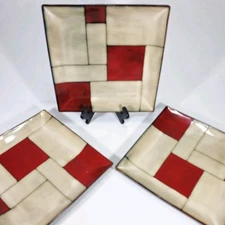 Gibson Elite Azeal Dinner Plates Stoneware 10.75" Red Beige Mosaic Tile Set Of 3