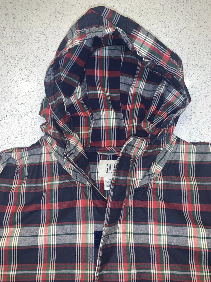 GAP Men’s Med 90s Blue Red Plaid Pullover ANORAK JACKET Hood Quarter Zip VINTAGE - Image 2 of 4