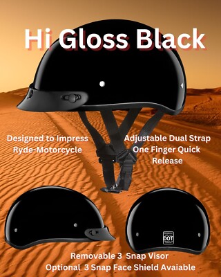 Daytona Vintage Hi Gloss Black Slim Line DOT Motorcycle Half Helmet w Visor D1-A
