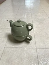 Green PIER 1 Stoneware Tea for One Teapot With Mug Stackable 3-PIECE Set Gift 