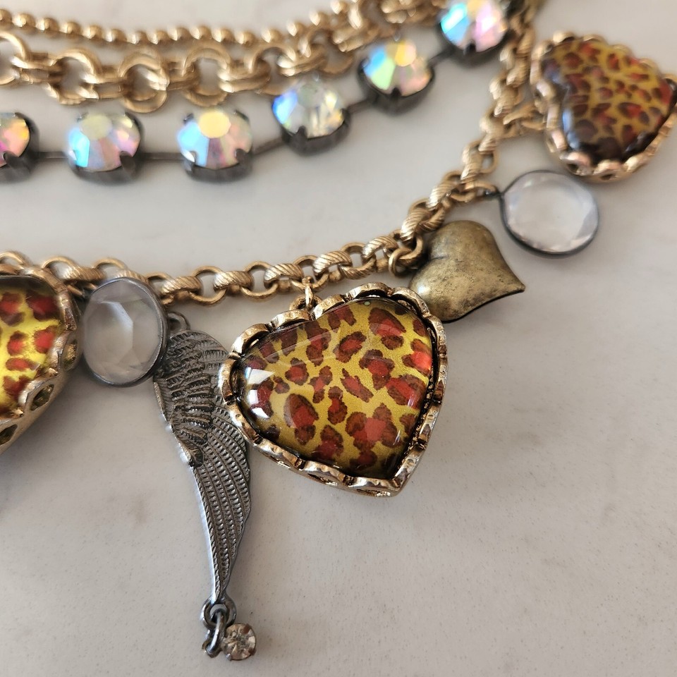 Betsey Johnson Lucite Leopard Hearts Angel Wings MultiStrand Necklace