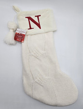 Christmas Stocking St. Nicolas Square Ivory Initial Monogram Letter "N" Faux Fur