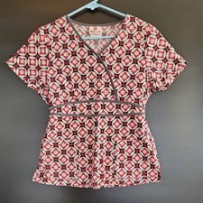 White Cross Gray Red All Over Flower Print Nurse Medical Tie Back Scrub Top XS
