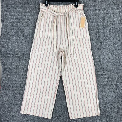 COPPER KEY PANTS WOMENS LARGE NATURAL STRIPED BELTED WIDE-LEG CROPPED TROUSER