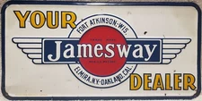 VINTAGE 1950'S TIN JAMESWAY LIVESTOCK EQUIPMENT DEALER SIGN 15" X 7 1/2"