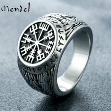 MENDEL Mens Nordic Viking Rune Vegvisir Compass Ring Stainless Steel Size 7-15