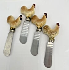 Chicken Hen Rooster Vintage Cheese Spread 4.5"  Knife Set of 4 Porcelain Handles