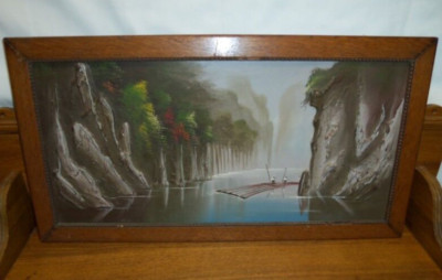 Painting On Board In Oak Frame - Men On River
