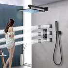 Black LED Rainfall Shower Faucet Set Head Combo System Massage Jets Thermostatic