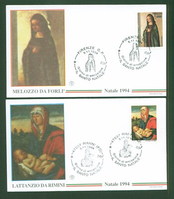 1994 ITALIEN FDC FILIGRAN 2 UMSCHLÄGE WEIHNACHTEN MELOZZO AUS LÖCHERN UND LATTANZIO AUS RIMINI