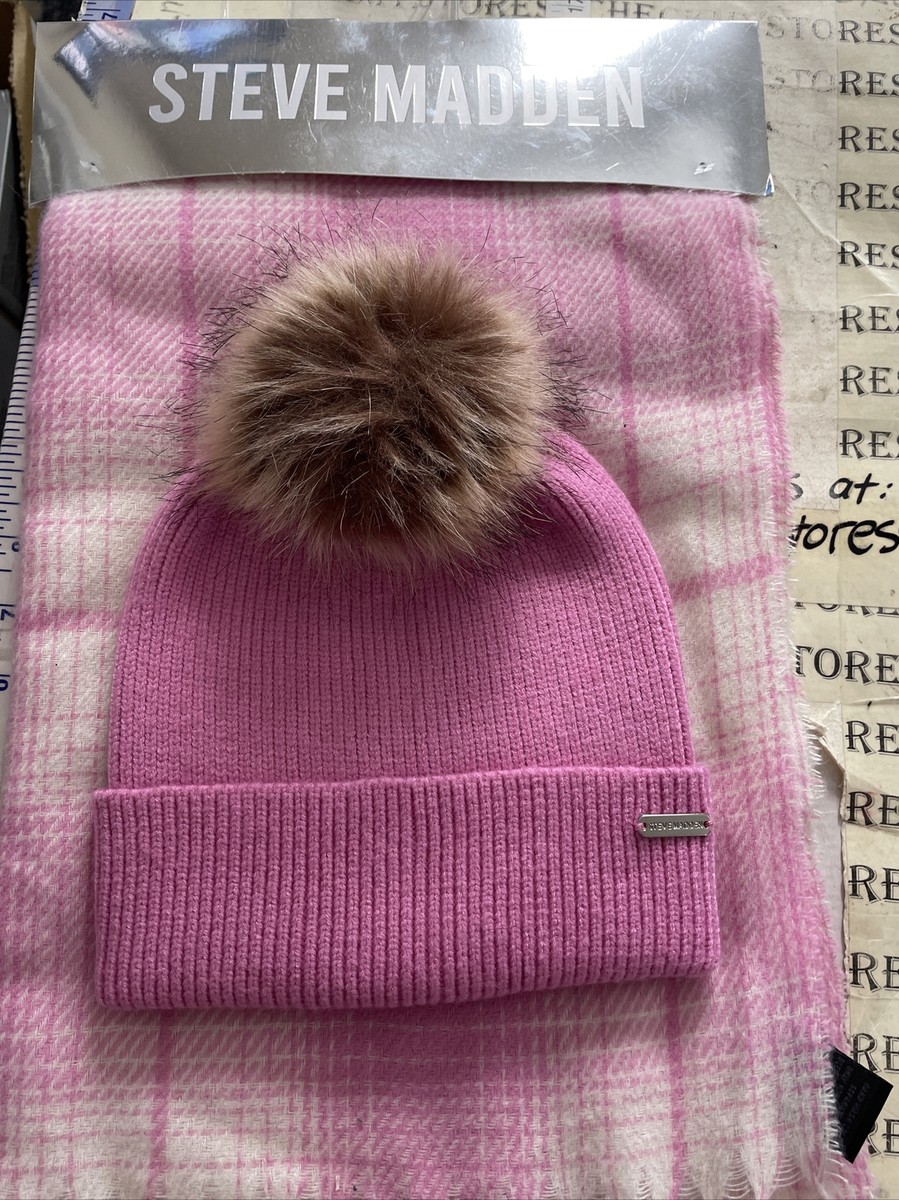 Steve Madden Pink Beanie Hat Pink Plaid Fringed Scarf Set