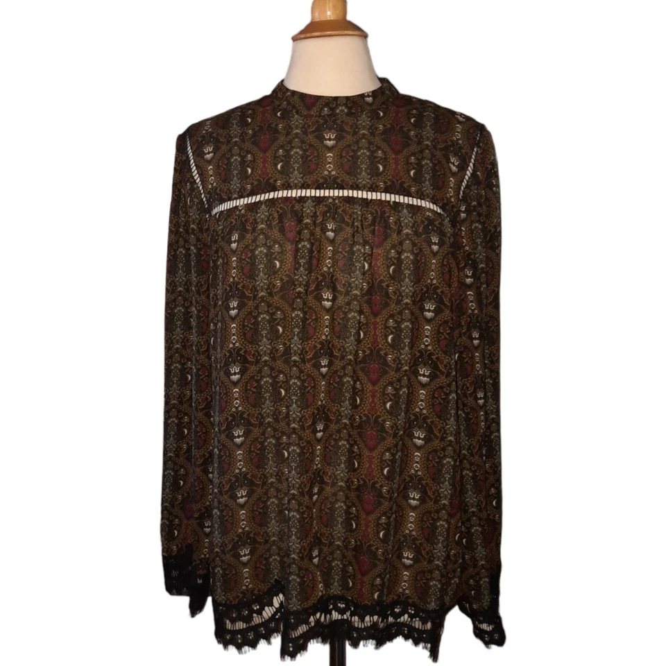 MAX STUDIO High Neck Baroque Print Keyhole Back Blouse Sz XL  Blk/Multi