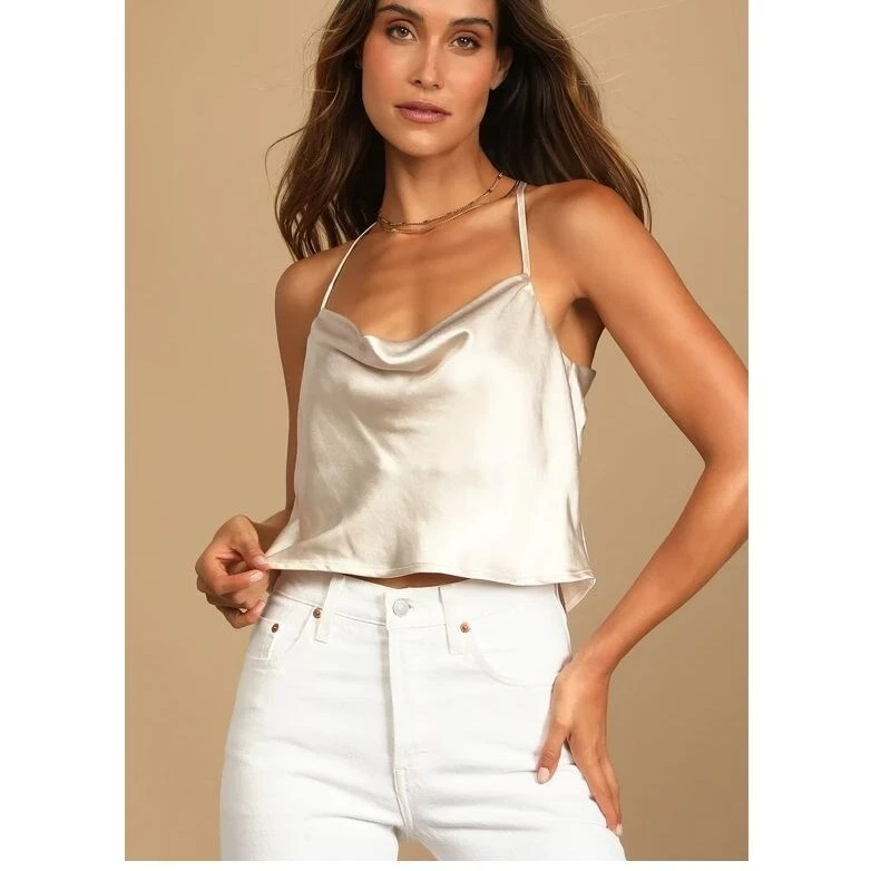 Lulus Hold Onto Love Satin Cowl Neck Cami Tank Top Beige XS eBay