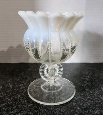 ANTIQUE NORTHWOOD OPALESCENT BEADED PANEL FLARED RIM GLASS VASE OPEN LOOP STEM