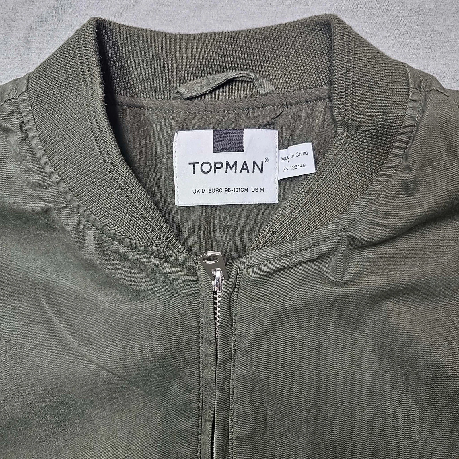 Topman Men's Green Bomber Jacket M – Full Zip Band Collar Short Regular Fit - product detail image 7