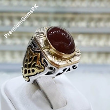 Natural 14 Carat Yemeni Brown Aqeeq Mens Ring Sterling Silver 925 Handmade
