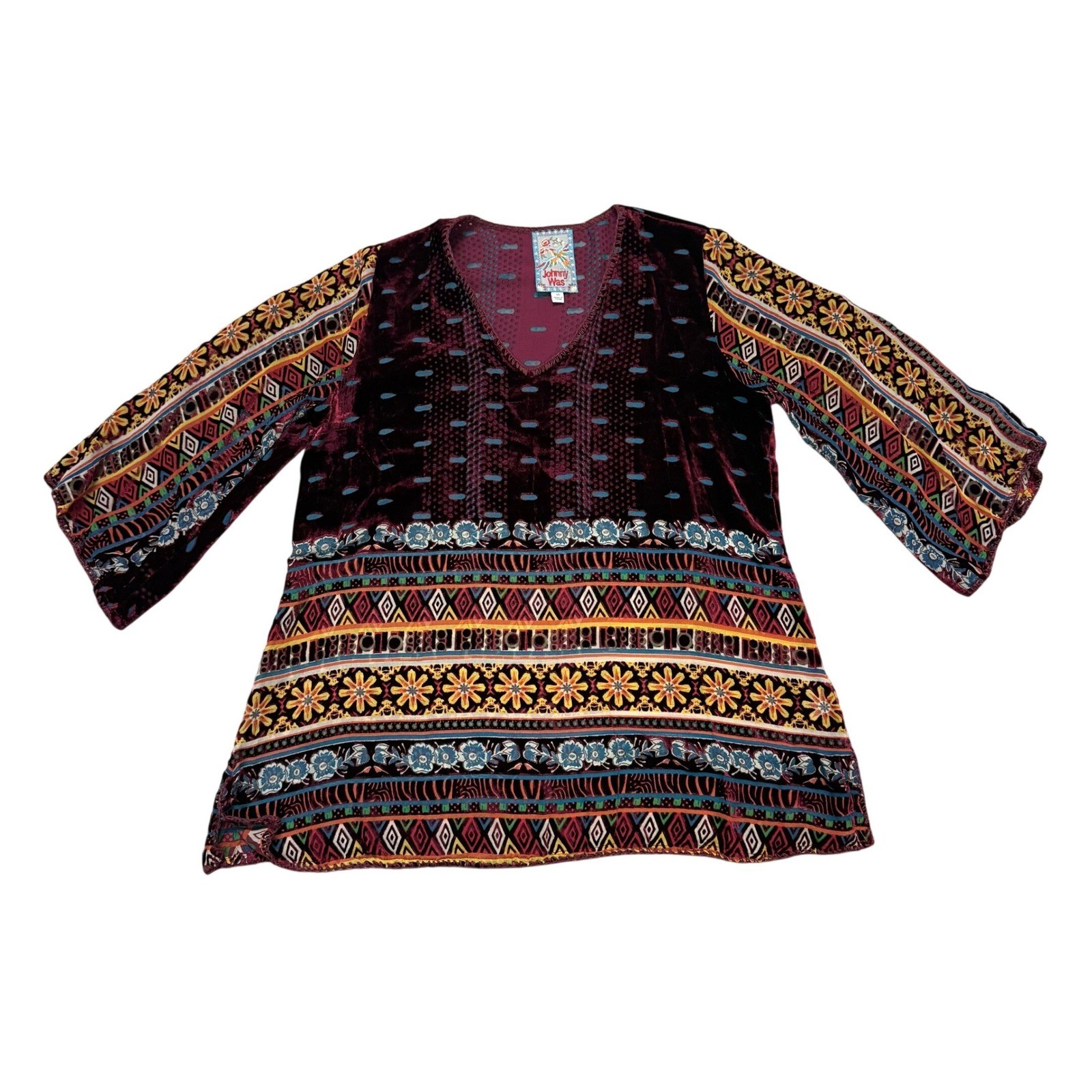 Johnny Was Velvet Burnout Tunic Top Boho Embroidered Bell Sleeve XS
