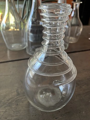 Blenko Clear Glass Decanter  w. Applied  Coil Wrap  & Pinched Sides,  8+”