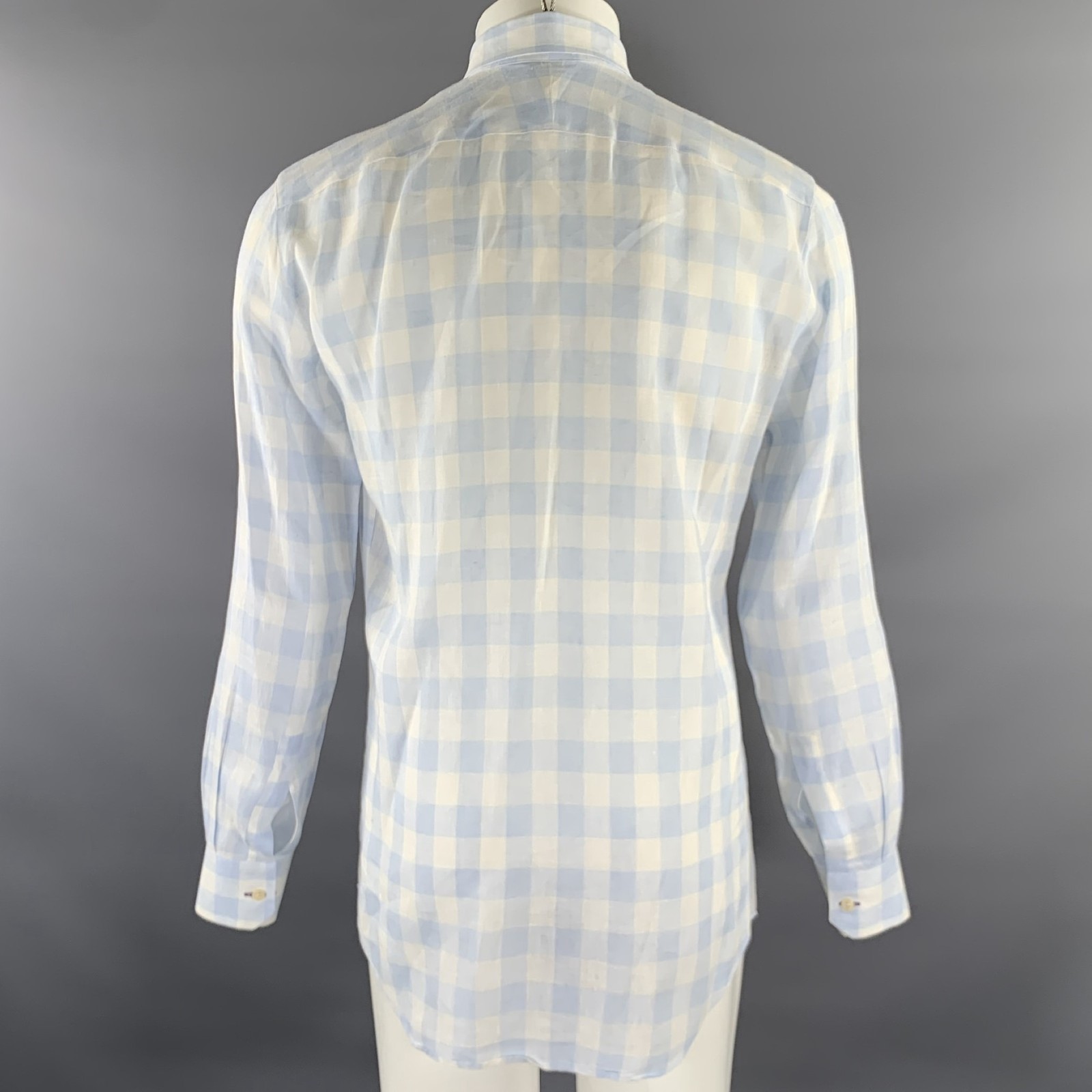 PAUL SMITH Size M White Blue Checkered Linen Long Sleeve Shirt image 3