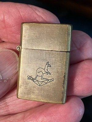 Vtg MINIX 1-1/2  Brass Pocket Cigarette Lighter w Kangaroo & Boomerang on Front