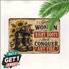 Firefighter Boot Sunflower Tin Sign Vintage First Responder Girl Metal Plaque