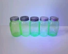 Vintage Uranium Depression Glass Spice Canister & Shaker Jar Ribbed Pannel Lot 7
