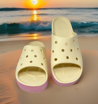 Crocs Classic Platform Sandals Slide Vanilla Women W11 Resort Beach Comfort