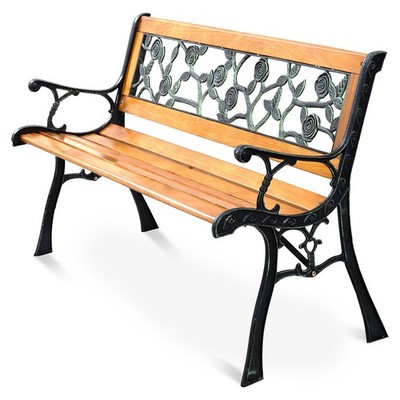 Patio Park Garden Bench 49 1/2'' Porch Path Chair Cast Iron Hardwood Rose Pattern