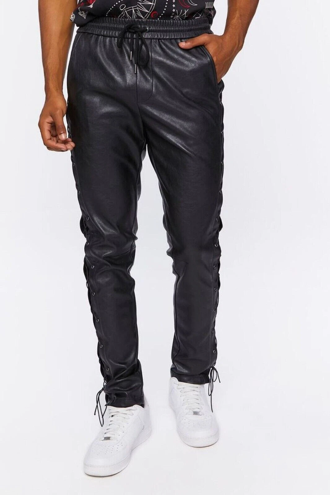 Men's genuine leather joggers pants black leather Biker Fashion Lace up