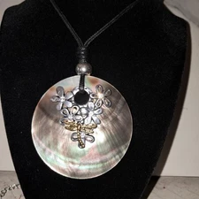 Large Round Pendant With A Dragonfly And Flowers Mixed Metals