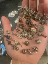 Lot Of 21 Vintage Sterling Silver Charms Pendant  79.7 Grams .925 Elco Bracelet