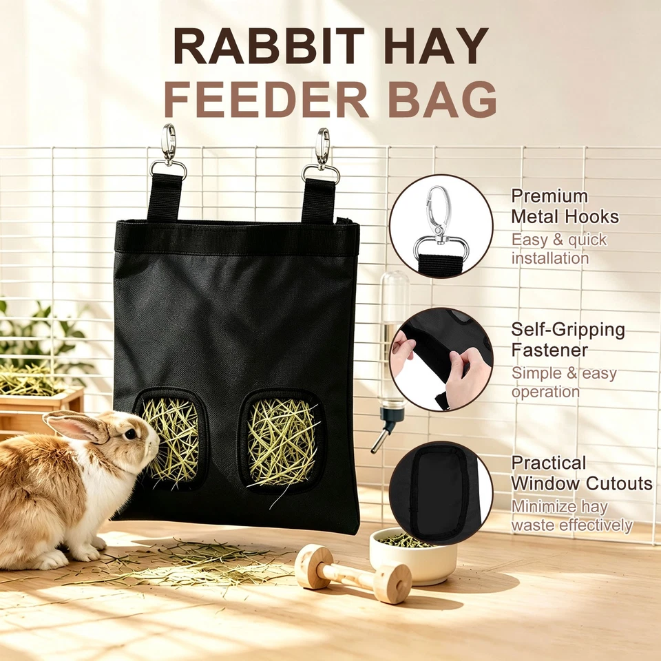 Sac à foin pour lapin 2 pièces, toile Oxford 600D, 2 trous suspendu [Noir] - Photo 2/4