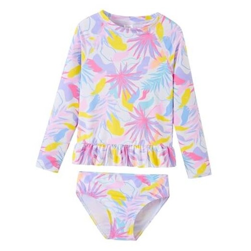 Girls Rash Guard 2-Piece Swimsuit Set Long Sleeve 7-8 Years White/Pink Plants