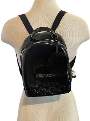 BETSEY JOHNSON Don t Be Jelly Black Pompoms Hearts Covertible Crossbody Backpack