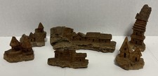 Vintage Folk Art Hand Carved Wood Bark Village Houses 6 Pieces