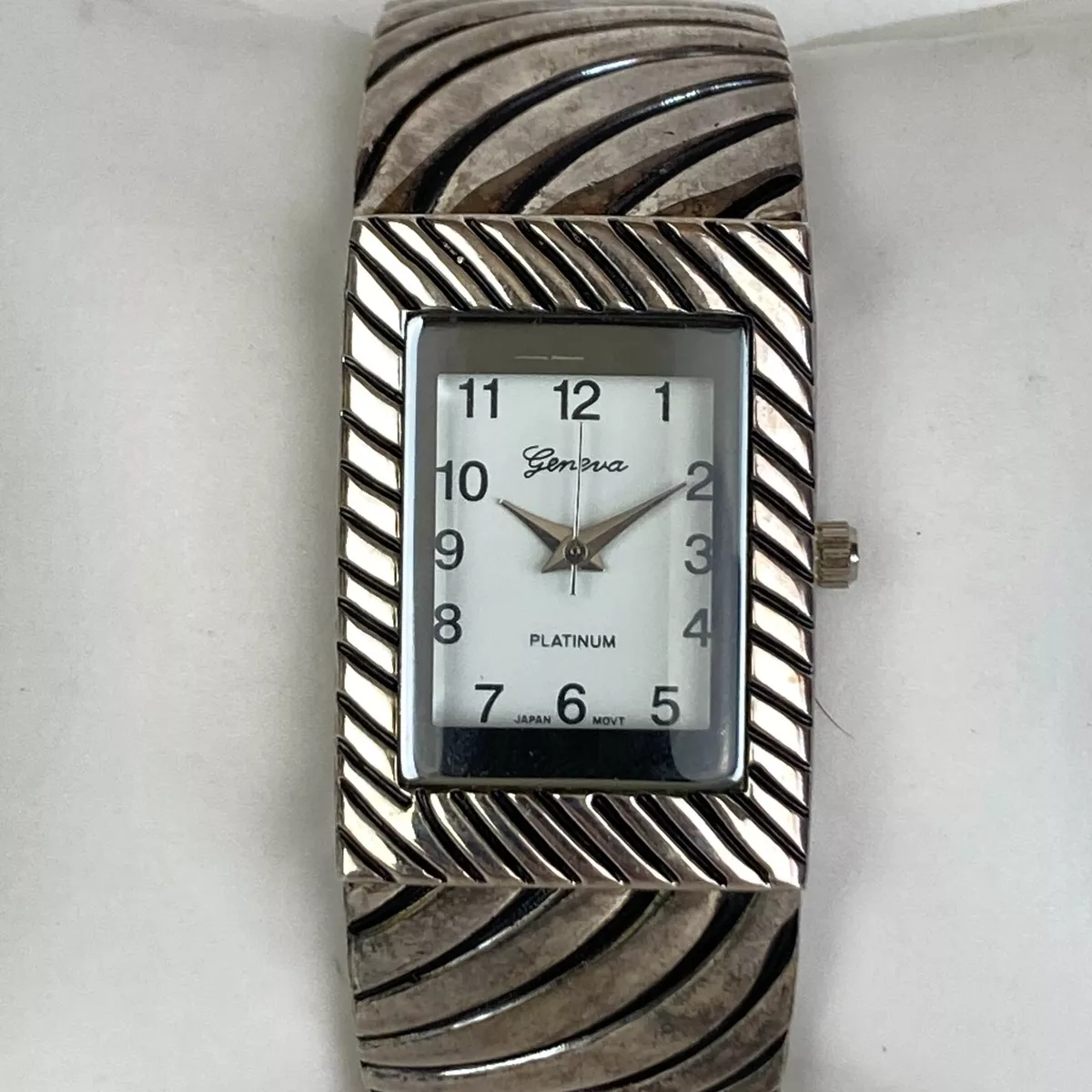 Geneva Platinum Watch Women Silver Tone Open Cuff Tank New Battery
