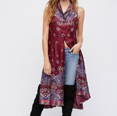 Free People Come See About Me Satin Sleevless Duster Cardigan Cranberry Combo