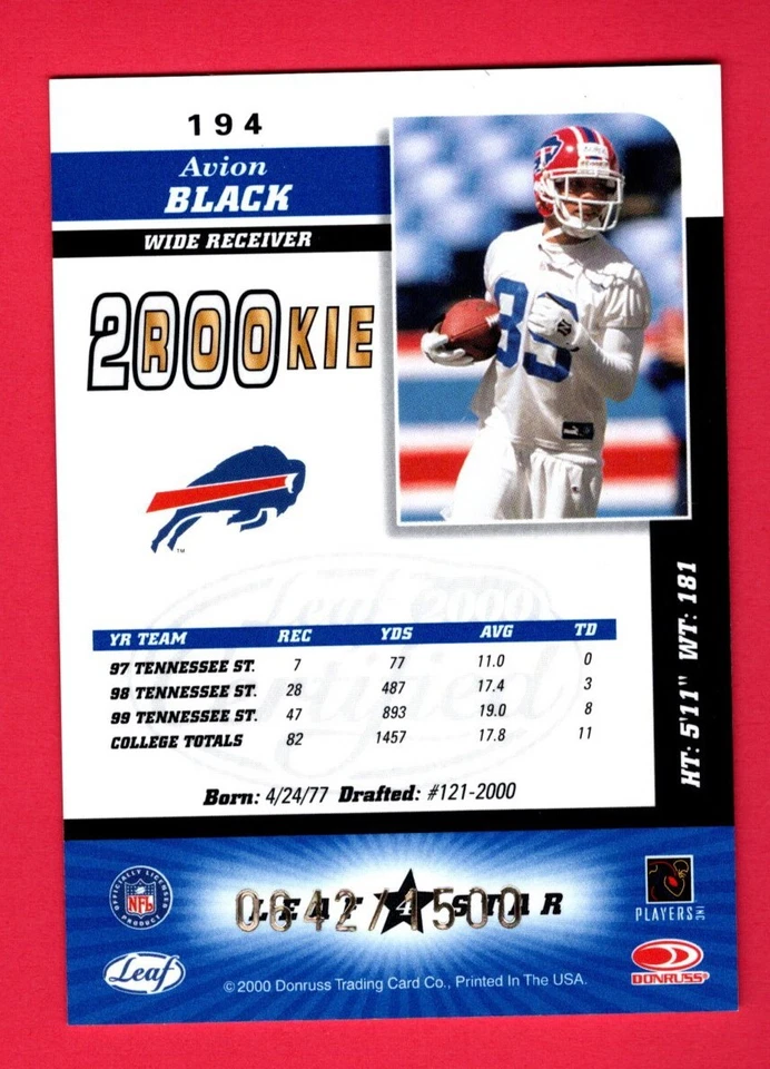 2000 Leaf Certified #194 Avion Black Buffalo Bills RC /1500 - Image 2 of 2