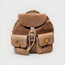 Vintage GUCCI Iconic Bamboo Backpack Brown Drawstring Suede Leather Purse Bag