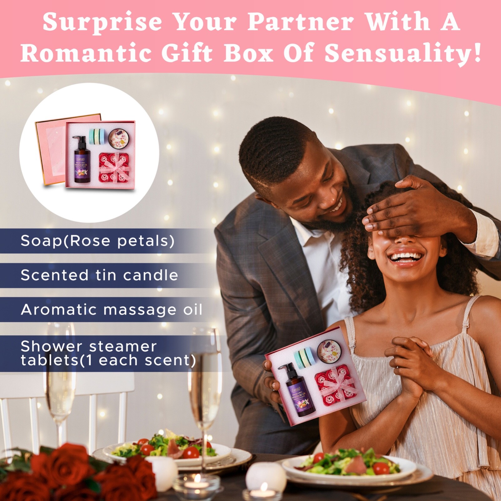Romantic- Relaxing Gift Box with Soap Roses, Massage Oil, Steamers and Candle