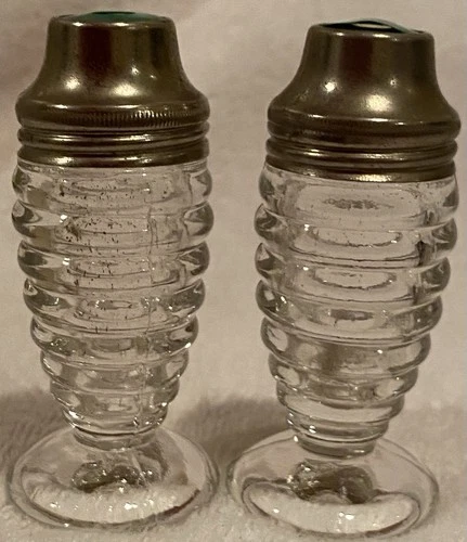 Hazel Atlas Beehive Salt Pepper Shakers Clear Glass Heavy Metal Lids Vintage USA