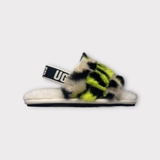 Ugg Fluff Yeah Faux Fur Green Black Cream Slides Size 7 Child NWT