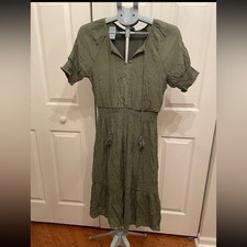 Luxology Olive Green Dress S Short Sleeve Tie Neck Smocked Waist Boho Casual