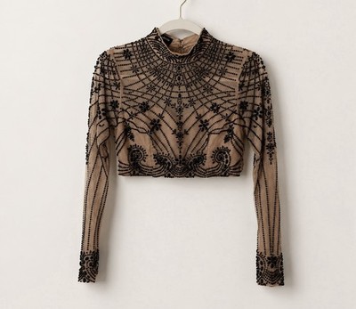 Bebe Sheer Beaded Mesh Crop Top Bolero Nude Black Rhinestone Size 2