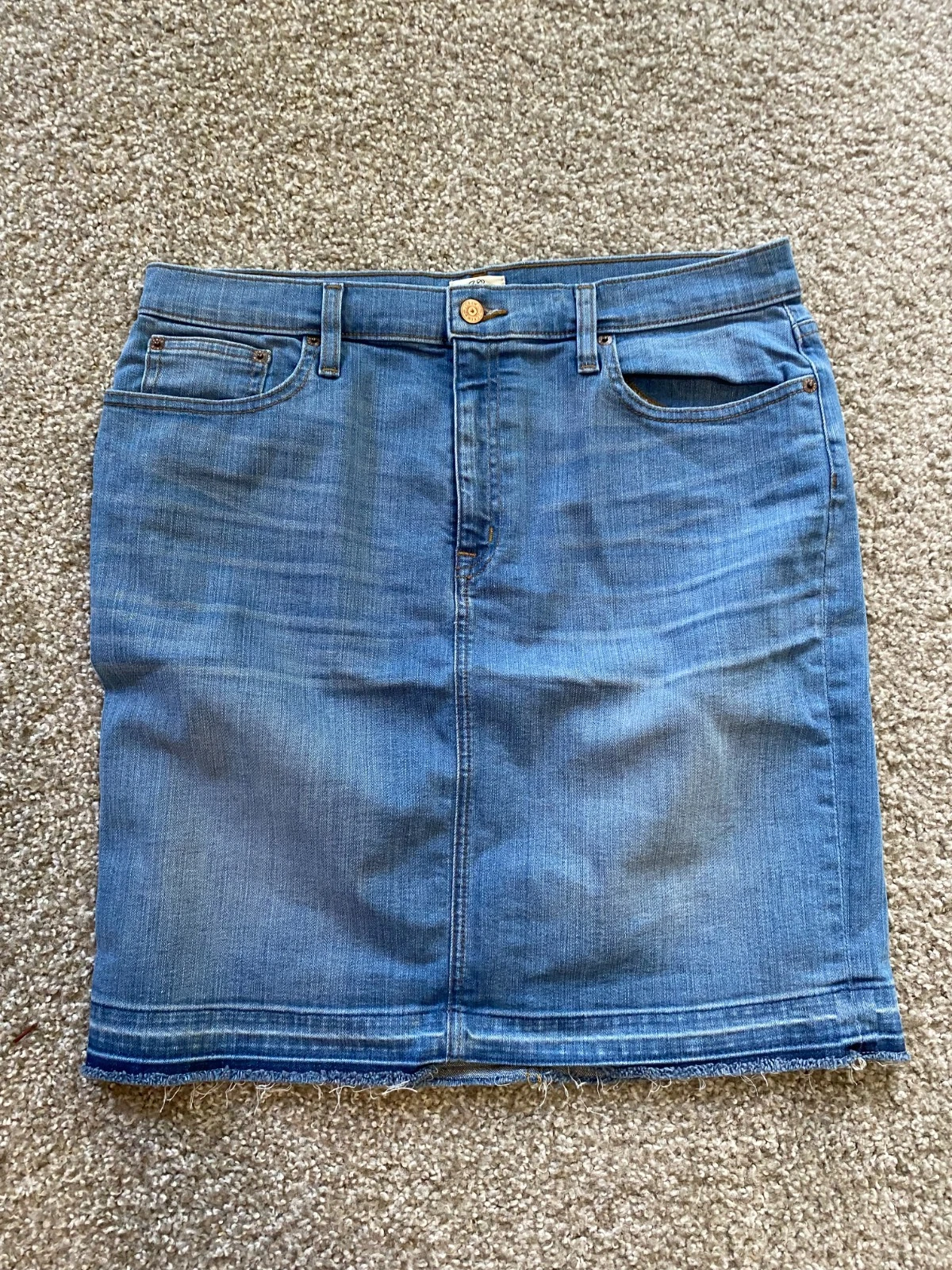 J. Crew Denim Pencil Skirt Women's Petite 32 Blue Whiskers Frayed Hem 5-Pocket