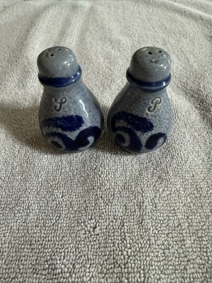 Salt & Pepper Shaker Set Blue/Gray Stoneware  Glazed Vintage Set 