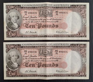 1960 Australia Consec pair £10.00 Coombs Wilson banknotes Renniks R 63 VF