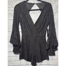 Lulus Black Lace Romper SMALL Ruffled Bell Sleeve Cutout Back Romantic Whimsgoth