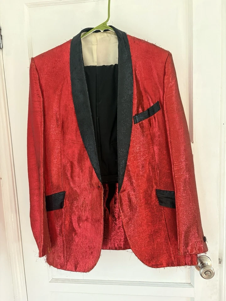  1950’s Rock and Roll Rojo Brillo Cojo’ Traje Llamado Chaqueta Rojo Conjunto Pantalones Foto 2 de 4