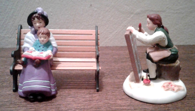 Vintage Set of 2 Dept 56 Miniture Christmas Figurines- Bench & Colonial Painter